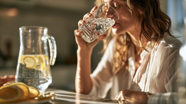 Bladder Health Month: a fit woman in her 30s drinking a glass of clear water in a sunlit modern kitchen, fresh lemon slices and a glass water pitcher on the counter