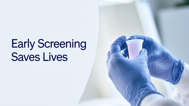 Bladder Health Month: Wide banner photograph of a lab technician&rsquo;s gloved hands holding a sample cup on the right in a modern laboratory, with clean sans-serif text &ldquo;Early Screening Saves Lives&rdquo;.