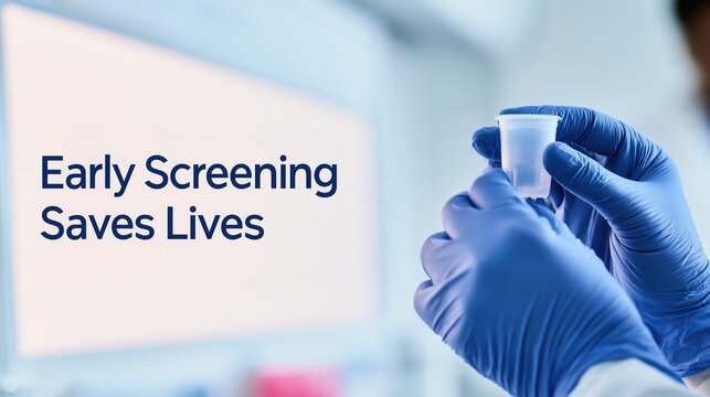 Bladder Health Month: Wide banner photograph of a lab technician&rsquo;s gloved hands holding a sample cup on the right in a modern laboratory, with clean sans-serif text &ldquo;Early Screening Saves Lives&rdquo;.