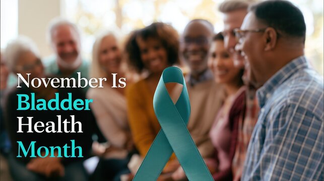 Bladder Health Month: Wide banner photograph of diverse adults smiling and talking in a bright wellness center, positioned on the right two-thirds, with text &ldquo;November Is Bladder Health Month&rdquo;.