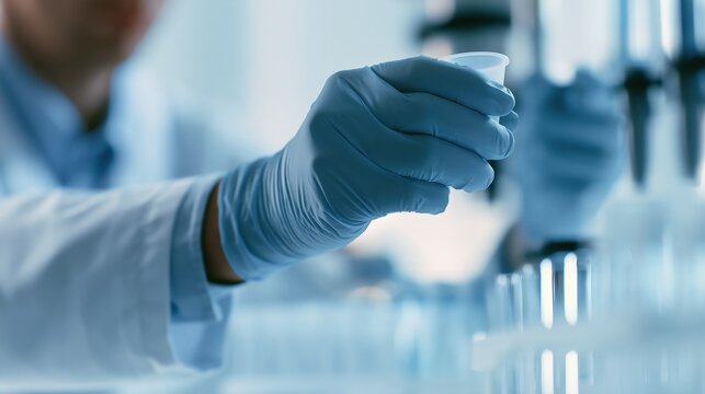 Bladder Health Month: wide banner photograph of a lab technician's gloved hands holding a sample cup in a clean modern laboratory, equipment and test tubes softly blurred, subject on the right side