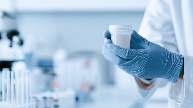 Bladder Health Month: wide banner photograph of a lab technician's gloved hands holding a sample cup in a clean modern laboratory, equipment and test tubes softly blurred, subject on the right side