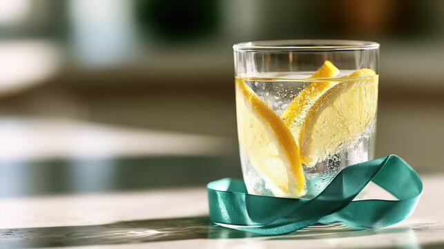 Bladder Health Month: wide banner photograph of a glass of clear water with lemon slices and a teal awareness ribbon on a sunlit kitchen counter