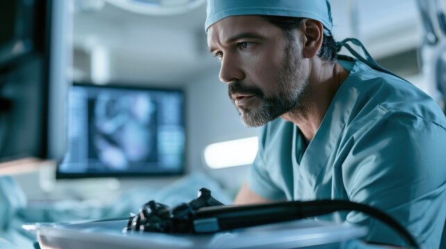 Bladder Health Month: a urologist in surgical scrubs and a cap reviewing a high-definition endoscopy monitor during a cystoscopy procedure in a modern sterile operating room