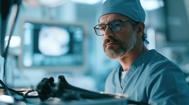 Bladder Health Month:  a urologist in surgical scrubs and a cap reviewing a high-definition endoscopy monitor during a cystoscopy procedure in a modern sterile operating room