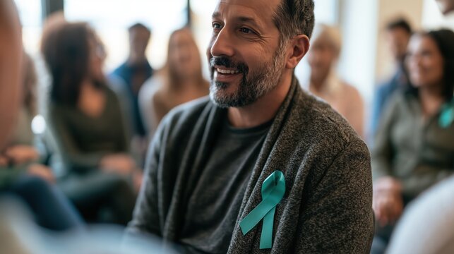 Bladder Health Month: a diverse group of adults of different ages and ethnicities sitting in a bright community wellness center circle, talking openly and smiling