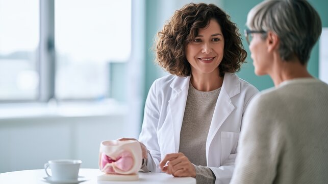 Bladder Health Month:  a friendly female urologist in a white coat explaining a bladder anatomical model to a middle-aged woman patient in a bright modern clinic