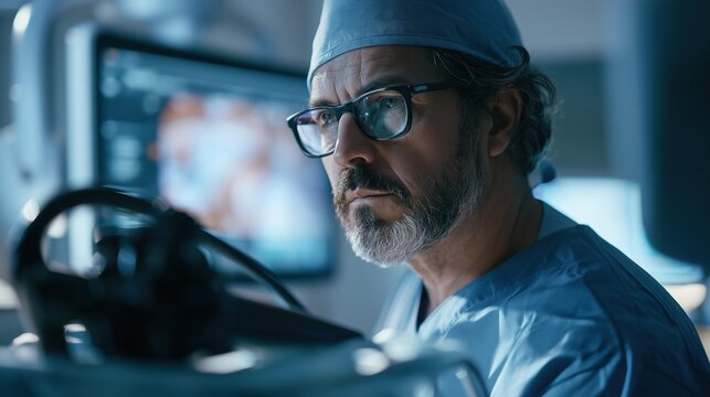 Bladder Health Month: a urologist in surgical scrubs and a cap reviewing a high-definition endoscopy monitor during a cystoscopy procedure in a modern sterile operating room