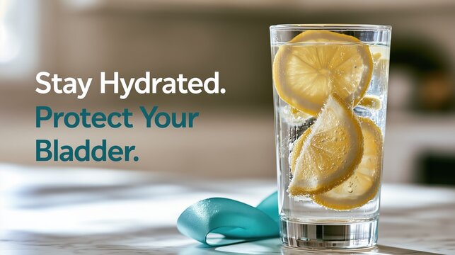 Bladder Health Month: Wide banner photograph of lemon water and a teal awareness ribbon on a sunlit kitchen counter, with elegant sans-serif text &ldquo;Stay Hydrated. Protect Your Bladder.&rdquo;