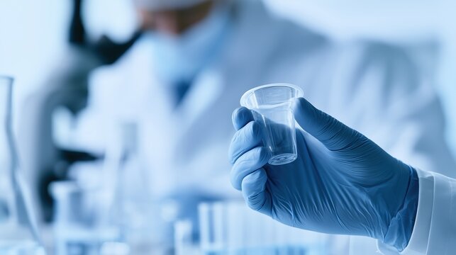 Bladder Health Month: wide banner photograph of a lab technician's gloved hands holding a sample cup in a clean modern laboratory, equipment and test tubes softly blurred, subject on the right side