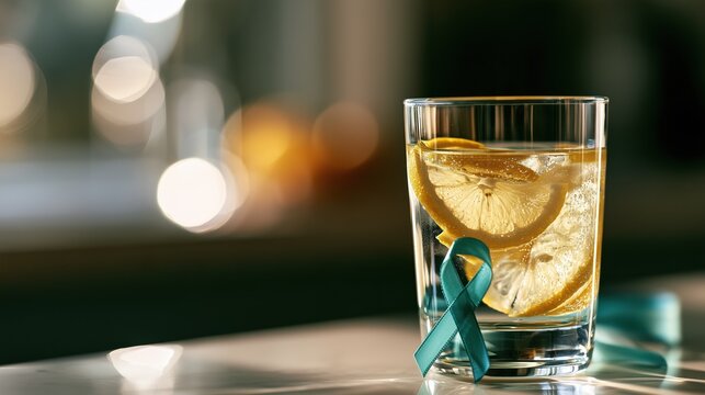 Bladder Health Month: wide banner photograph of a glass of clear water with lemon slices and a teal awareness ribbon on a sunlit kitchen counter