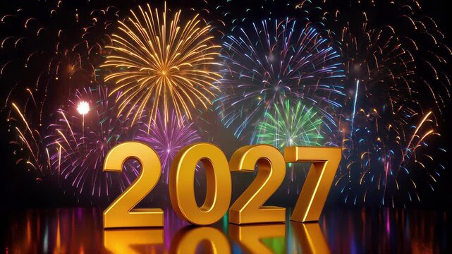 Golden 2026 and 2027 numbers with colorful fireworks display. New Year celebration transition with vibrant pyrotechnics and festive atmosphere. Lockdown shot.