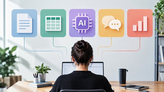 Office professional working at a computer beneath icons for documents, spreadsheets, AI, communication, and analytics, illustrating AI literacy as a basic workplace skill.