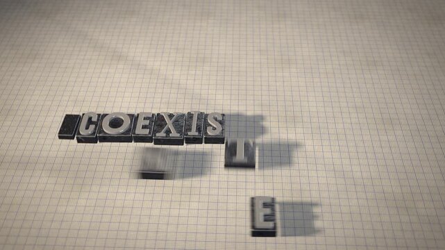 Coexistence metal letterpress type blocks 3D animation seamless loop