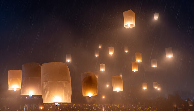 Glowing sky lanterns float upwards through a rainy night, creating a warm, magical atmosphere against the dark, wet backdrop.