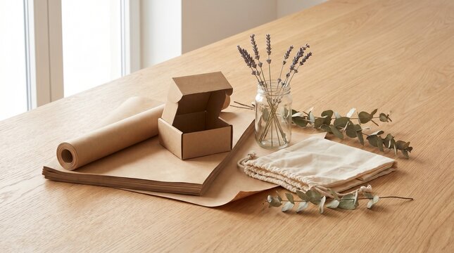 Eco-conscious packaging materials including recycled cardboard, kraft paper, cotton bags, and reusable glass containers.