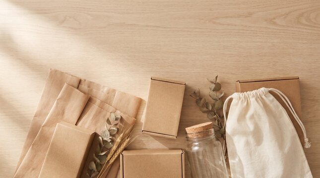 Eco-conscious packaging materials including recycled cardboard, kraft paper, cotton bags, and reusable glass containers.