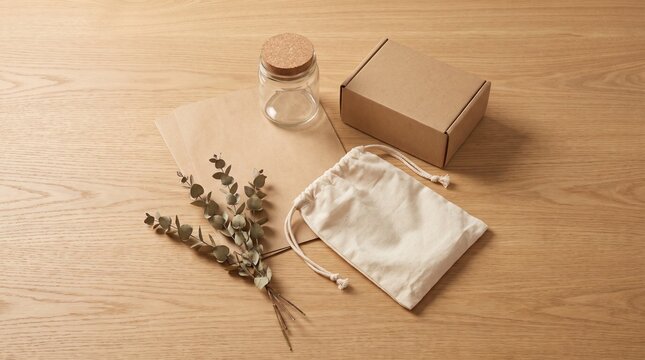 Eco-conscious packaging materials including recycled cardboard, kraft paper, cotton bags, and reusable glass containers.