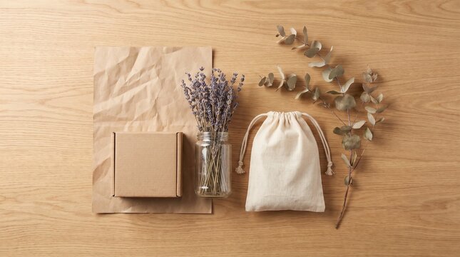 Eco-conscious packaging materials including recycled cardboard, kraft paper, cotton bags, and reusable glass containers.
