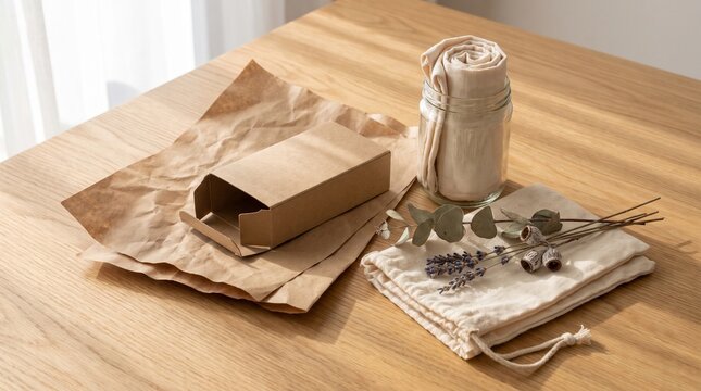 Eco-conscious packaging materials including recycled cardboard, kraft paper, cotton bags, and reusable glass containers.