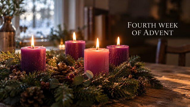 Advent wreath with four lit candles on a wooden table, celebrating the fourth week of advent with festive holiday decorations and greenery