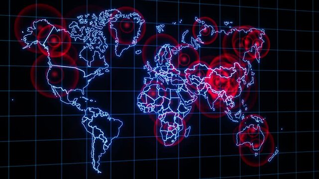 Red spread spreading across a world map animation. Epidemic and global network render