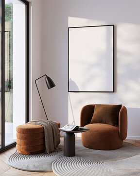 Modern Living Room Poster Frame Mockup with Natural Light and Minimalist Decoration. 3D render.