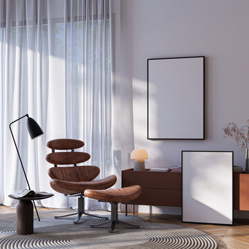 Modern Living Room Poster Frame Mockup with Natural Light and Minimalist Decoration. 3D render.