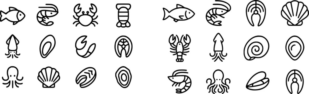 The image features a variety of seafood icons arranged in a grid format against a black background