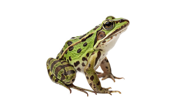 A small green common pond frog amphibian sitting isolated on transparent background