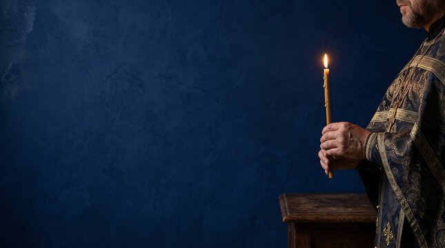 Orthodox Christmas Romanov Baroque banner with priest in dark brocade vestment holding lit beeswax candle by oak console, dark cobalt blue plaster background [with copy space]   