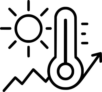 The image depicts a thermometer with an upward arrow, indicating rising temperatures, set against a sun symbol, suggesting sunny weather conditions