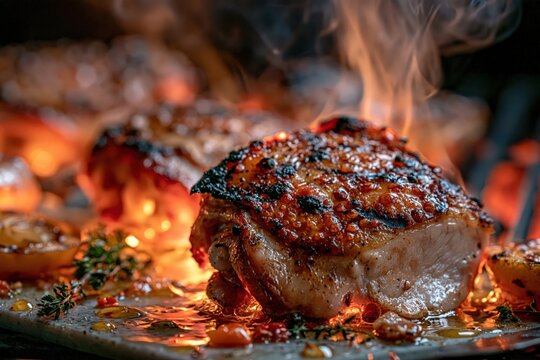 Grilled chicken thigh sizzling on hot fire barbecue grill with smoke