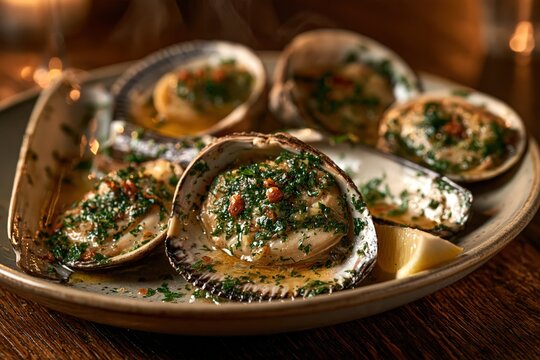Grilled clams in garlic butter sauce with fresh herbs and lemon