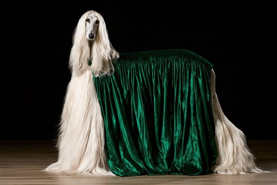 Afghan hound dog wearing elegant green velvet cape in studio portrait