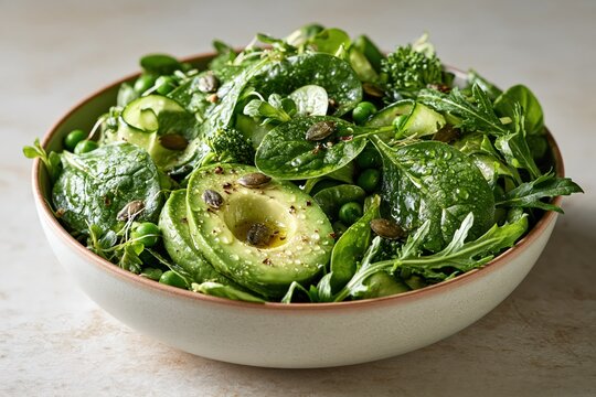 Fresh green salad bowl with avocado spinach cucumber healthy eating