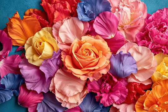 Vibrant colorful floral arrangement with spring flowers flat lay background
