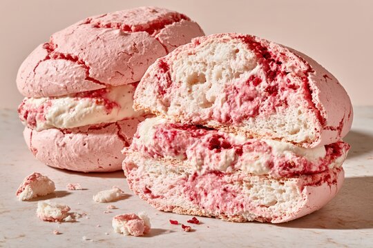 Pink raspberry meringue sandwich cookies with sweet cream filling pastry