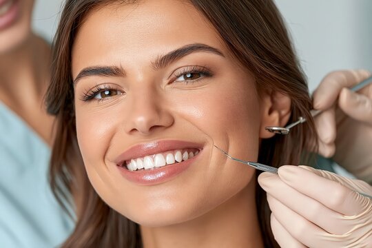 Dentist examining smiling young woman teeth with professional tools