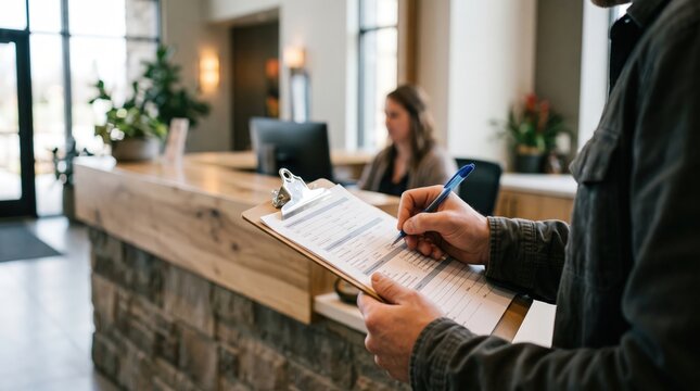 Man filling registration form on clipboard at hotel reception counter
