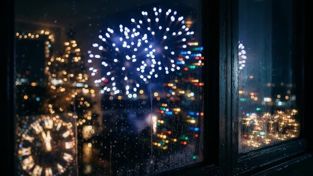 Static shot: A window frames a glowing New Year celebration with fireworks and festive lights outside on a rainy night.
