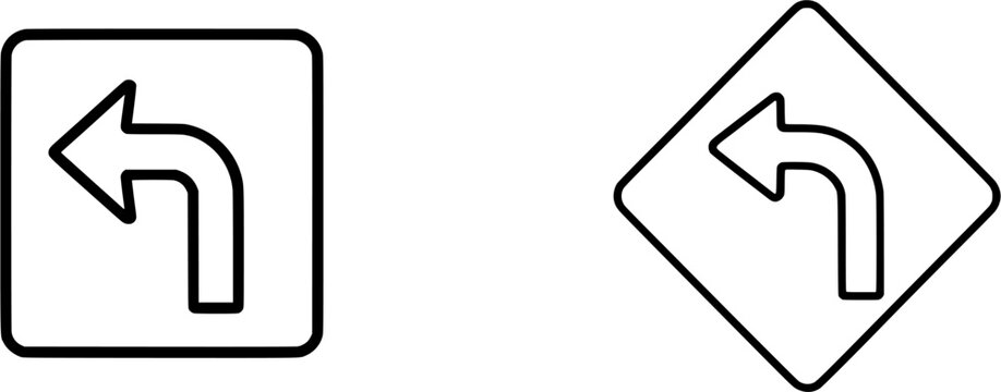 The image displays a black square with a curved arrow pointing to the left, indicating a direction change or instruction within an urban setting