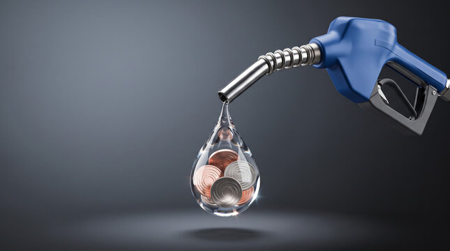 A fuel nozzle with valuable coins inside a liquid drop showing a fuel price high and soaring energy commodity value