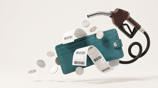 An empty wallet wrapped with receipts, coins, and fuel nozzle showing a fuel price high and household budget pressure