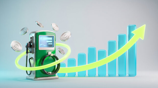 A green fuel pump with coins, rising glass bars, and upward arrow showing a fuel price high and energy inflation