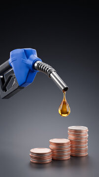A blue fuel nozzle with golden fuel drop and rising coin stacks showing a fuel price high and increasing energy costs