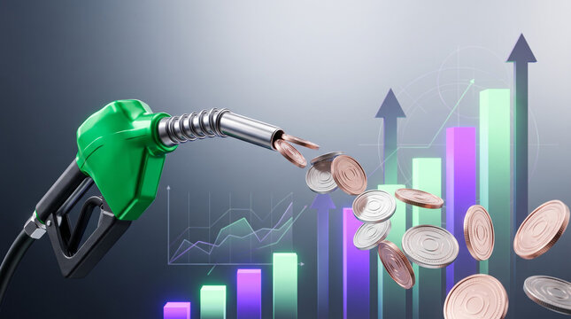 A green fuel nozzle releasing coins beside rising bar charts showing fuel price high and energy market growth