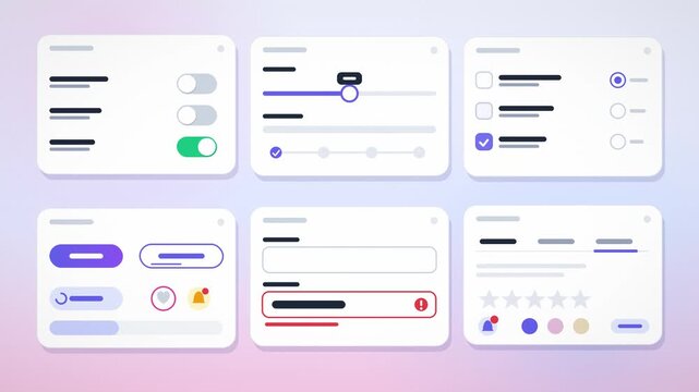 UI components animation with toggle switches, slider, progress bar, checkboxes, buttons, input field validation and star rating