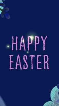 Vertical video: Two orbs appearing on navy floating, grazing and making pink HAPPY EASTER text glow