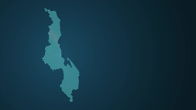 Animated map of Malawi forming with concentric rings on dark blue background
